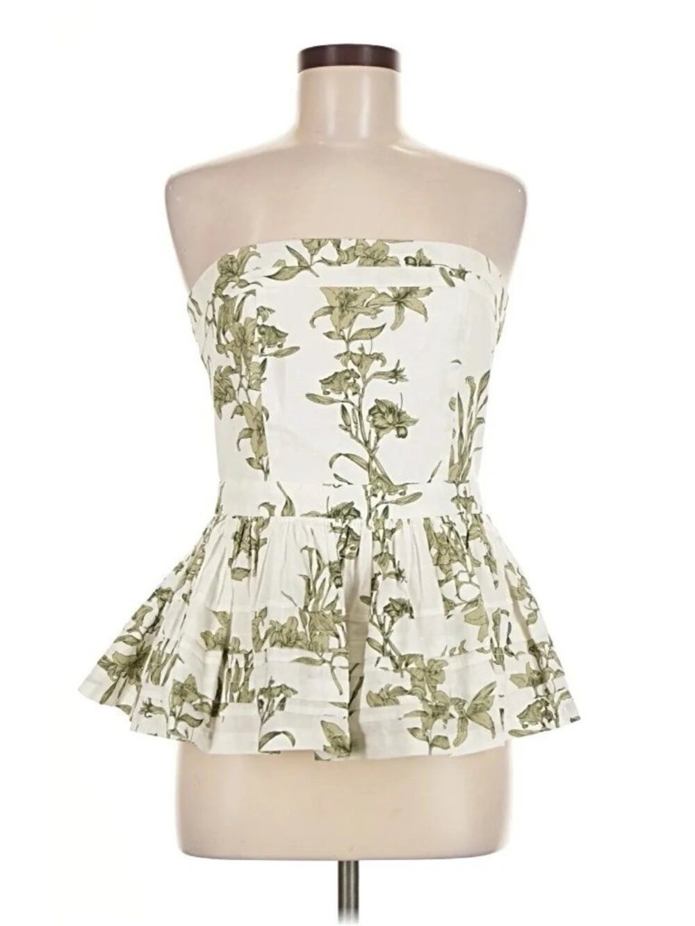 Hunter Bell Women’s Vera Strapless Peplum Top Green White Floral Cotton Size 4